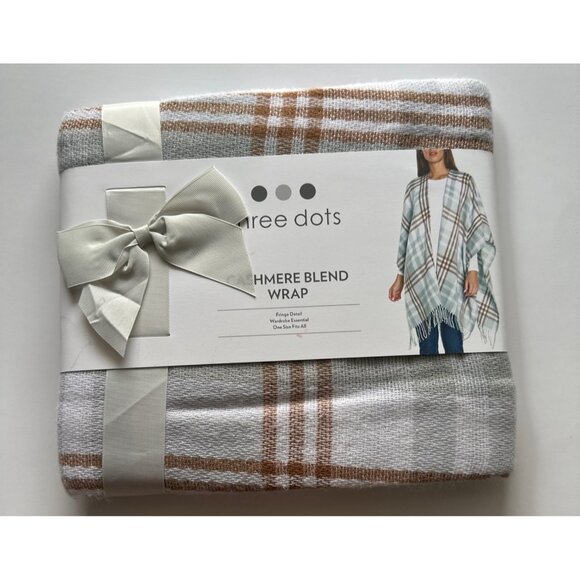 Three Dots Cashmere Blend Wrap With Fringe Detail In Grey Louisa Plaid  One Size - Picture 3 of 6